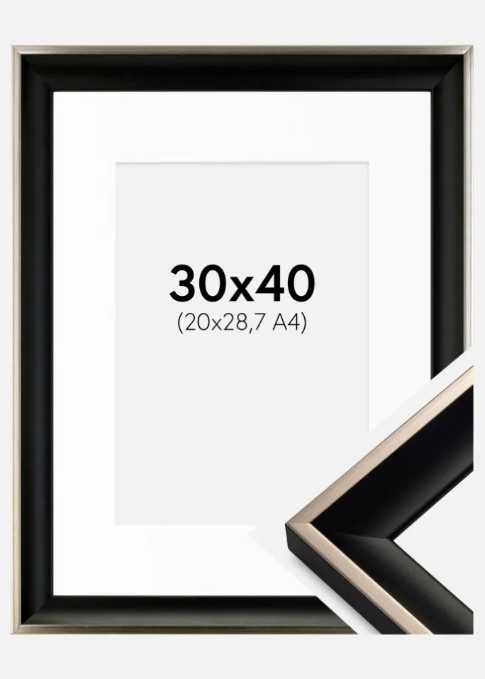 Ramme Öjaren Sort-Sølv 30x40 cm - Passepartout Hvid 21x29,7 cm (A4)