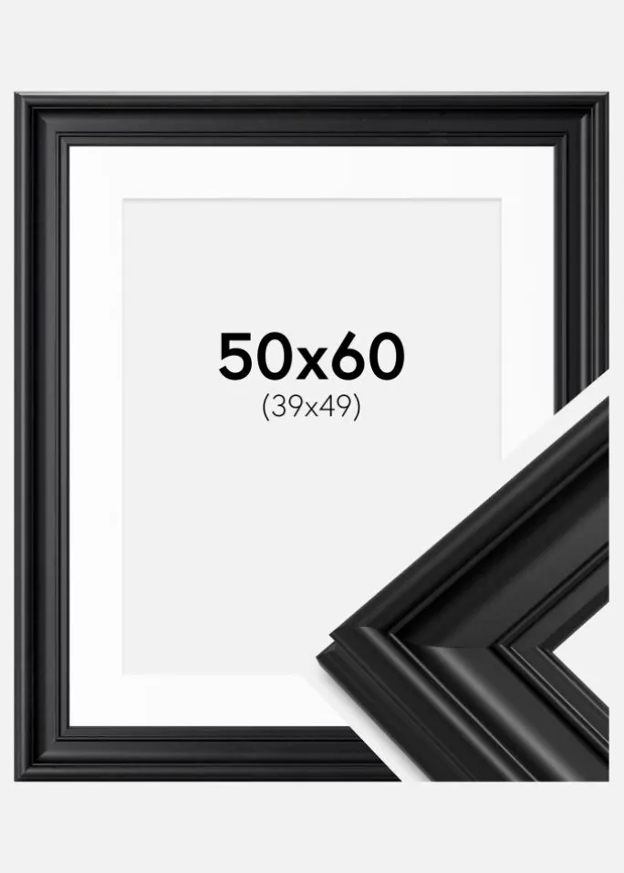 Ramme Mora Premium Sort 50x60 cm - Passepartout Hvid 40x50 cm