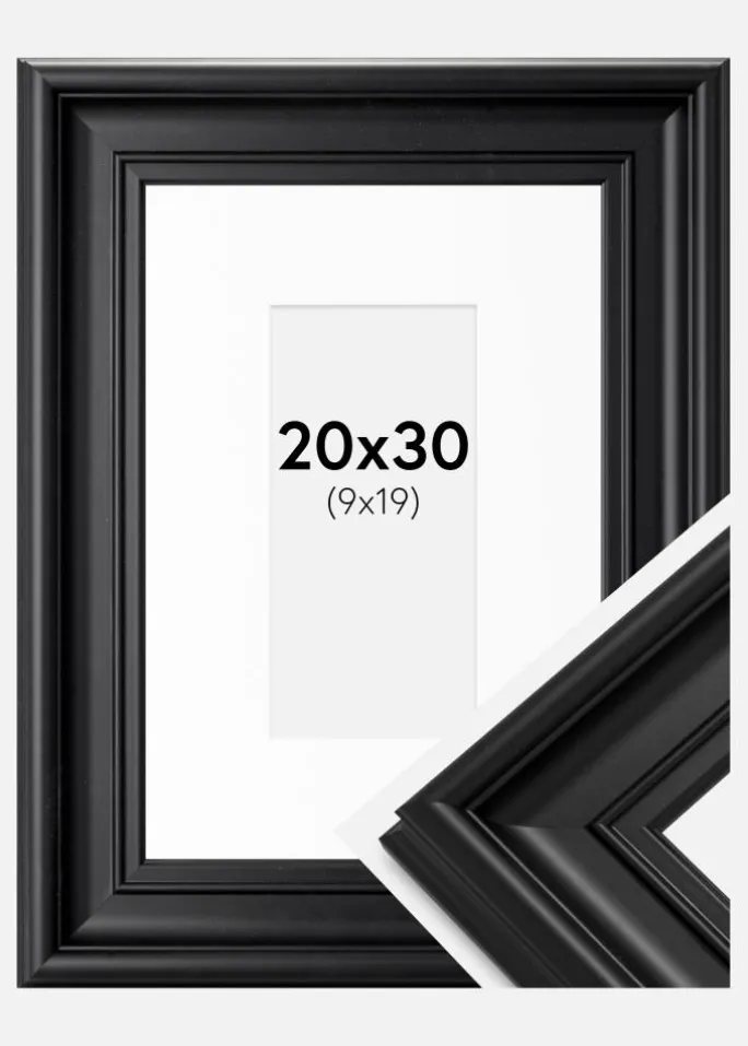 Ramme Mora Premium Sort 20x30 cm - Passepartout Hvid 10x20 cm