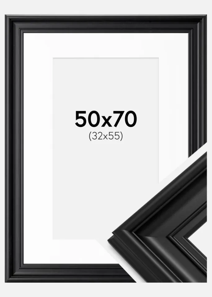 Ramme Mora Premium Sort 50x70 cm - Passepartout Hvid 33x56 cm