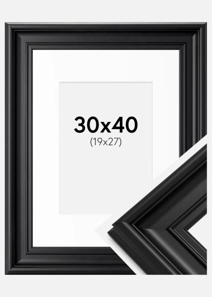 Ramme Mora Premium Sort 30x40 cm - Passepartout Hvid 20x28 cm