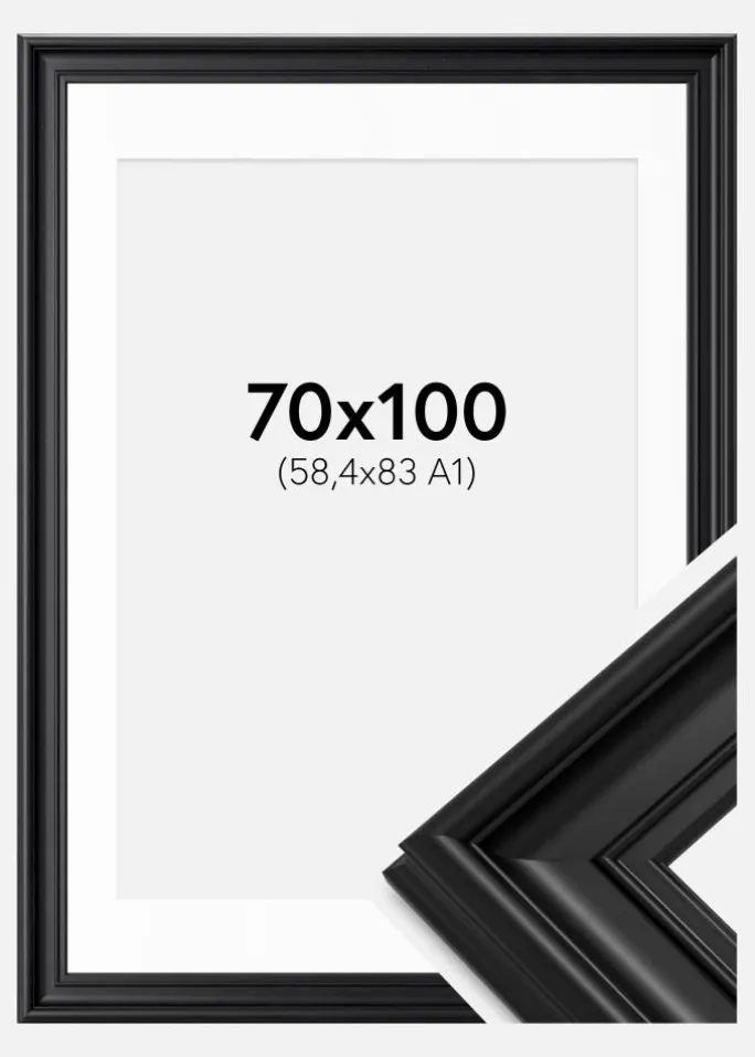 Ramme Mora Premium Sort 70x100 cm - Passepartout Hvid 59,4x84 cm (A1)