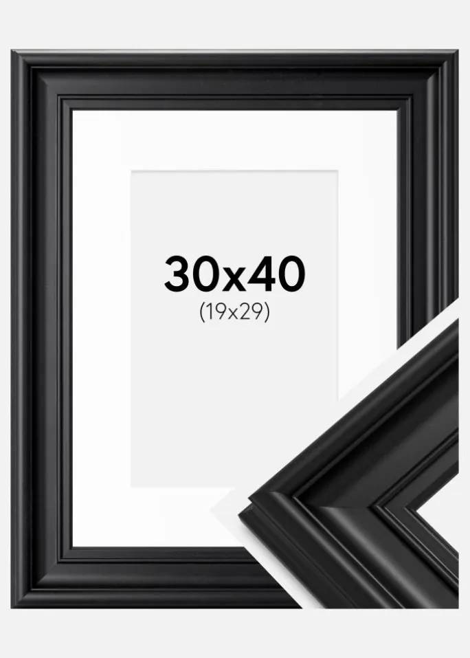 Ramme Mora Premium Sort 30x40 cm - Passepartout Hvid 20x30 cm