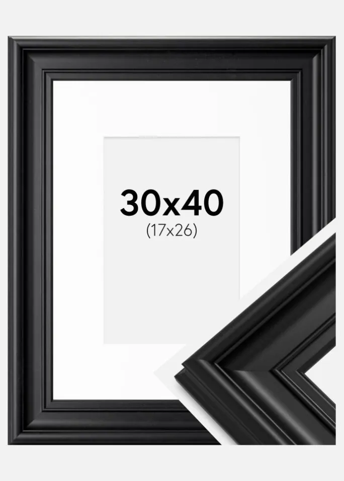 Ramme Mora Premium Sort 30x40 cm - Passepartout Hvid 18x27 cm