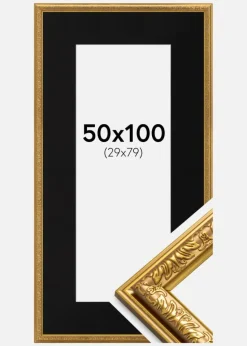 Ramme Nostalgia Guld 50x100 cm - Passepartout Sort 30x80 cm