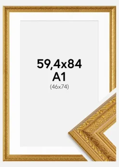 Ramme Ornate Guld 59,4x84 cm - Passepartout Hvid 47x75 cm