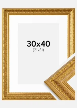 Ramme Ornate Guld 30x40 cm - Passepartout Hvid 22x32 cm