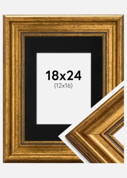 Ramme Rokoko Guld 18x24 cm - Passepartout Sort 13x17 cm