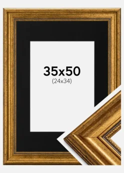 Ramme Rokoko Guld 35x50 cm - Passepartout Sort 25x35 cm