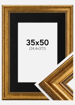 Ramme Rokoko Guld 35x50 cm - Passepartout Sort 10x15 inches
