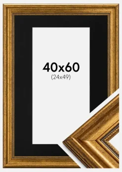 Ramme Rokoko Guld 40x60 cm - Passepartout Sort 25x50 cm
