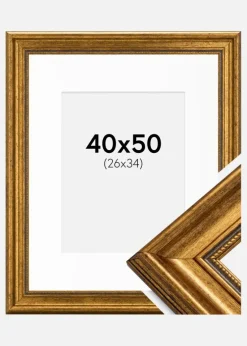 Ramme Rokoko Guld 40x50 cm - Passepartout Hvid 27x35 cm