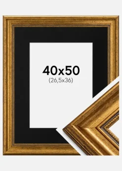 Ramme Rokoko Guld 40x50 cm - Passepartout Sort 27,5x37 cm