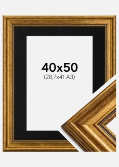 Ramme Rokoko Guld 40x50 cm - Passepartout Sort 29,7x42 cm (A3)