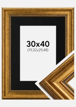 Ramme Rokoko Guld 30x40 cm - Passepartout Sort 8x12 inches