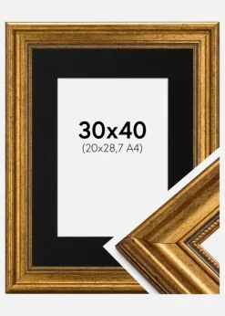 Ramme Rokoko Guld 30x40 cm - Passepartout Sort 21x29,7 cm (A4)