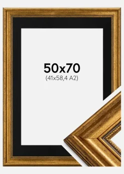 Ramme Rokoko Guld 50x70 cm - Passepartout Sort 42x59,4 cm (A2)
