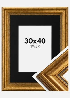 Ramme Rokoko Guld 30x40 cm - Passepartout Sort 20x28 cm