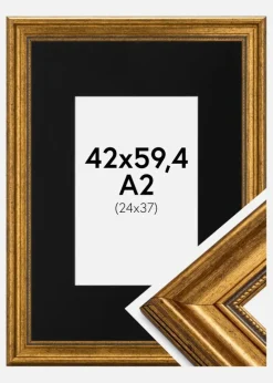 Ramme Rokoko Guld 42x59,4 cm (A2) - Passepartout Sort 25x38 cm