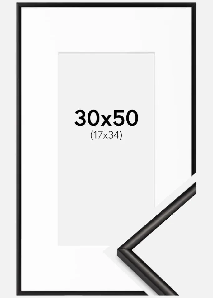 Ramme Scandi Mat Sort 30x50 cm - Passepartout Hvid 18x35 cm