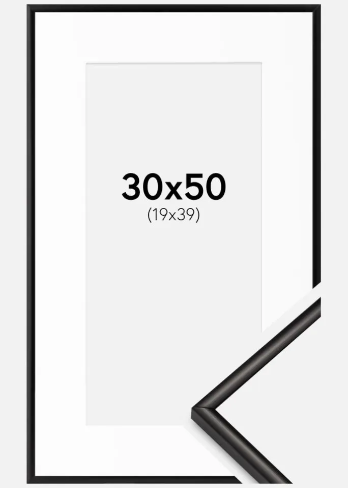 Ramme Scandi Mat Sort 30x50 cm - Passepartout Hvid 20x40 cm
