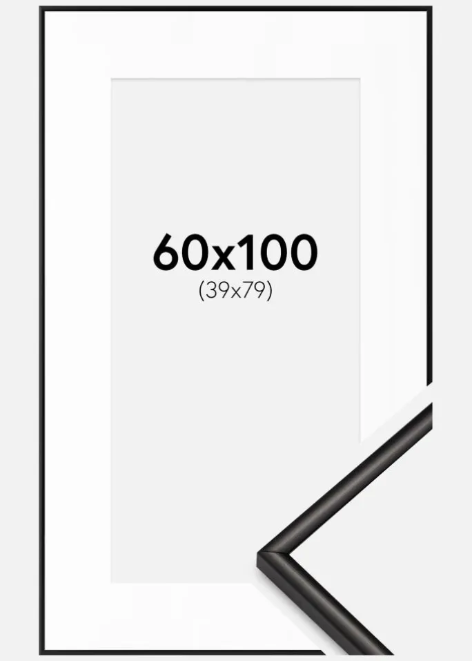 Ramme Scandi Mat Sort 60x100 cm - Passepartout Hvid 40x80 cm