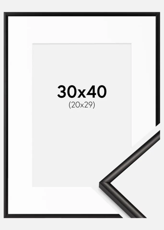 Ramme Scandi Matt Sort 30x40 cm - Passepartout Hvid 21x30 cm