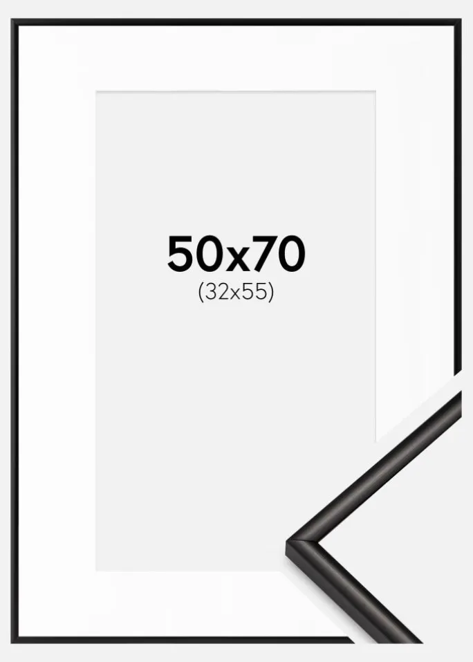 Ramme Scandi Matt Sort 50x70 cm - Passepartout Hvid 33x56 cm