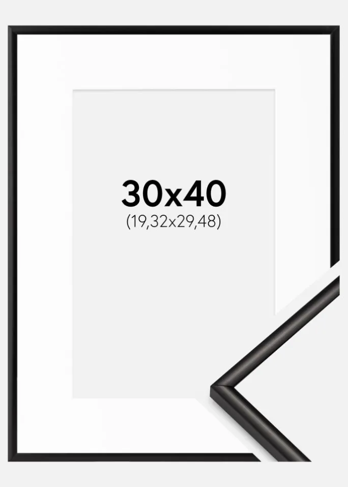 Ramme Scandi Matt Sort 30x40 cm - Passepartout Hvid 8x12 inches