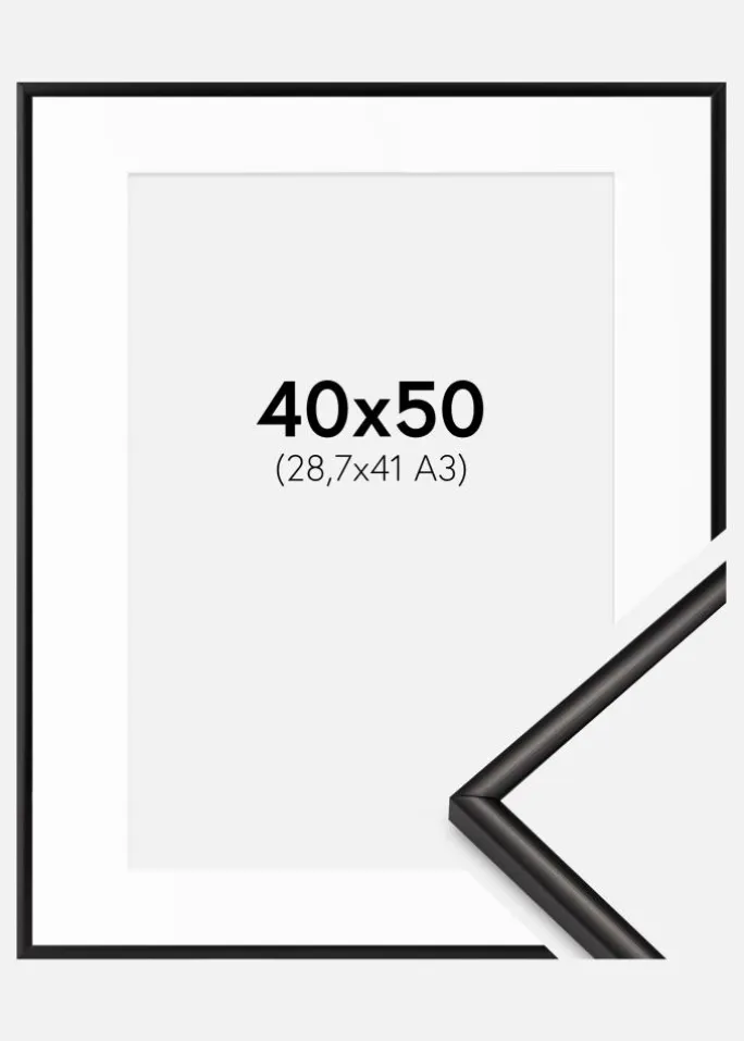 Ramme Scandi Matt Sort 40x50 cm - Passepartout Hvid 29,7x42 cm (A3)