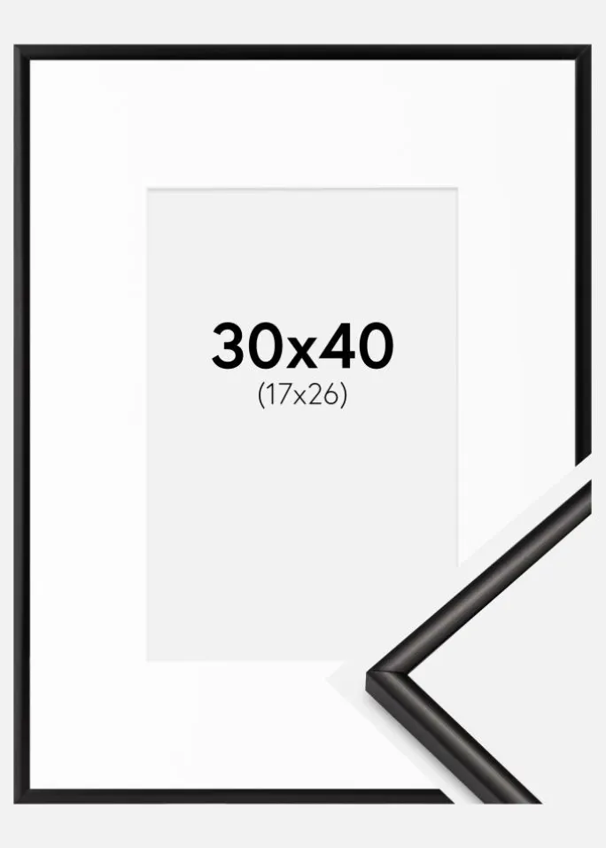 Ramme Scandi Matt Sort 30x40 cm - Passepartout Hvid 18x27 cm
