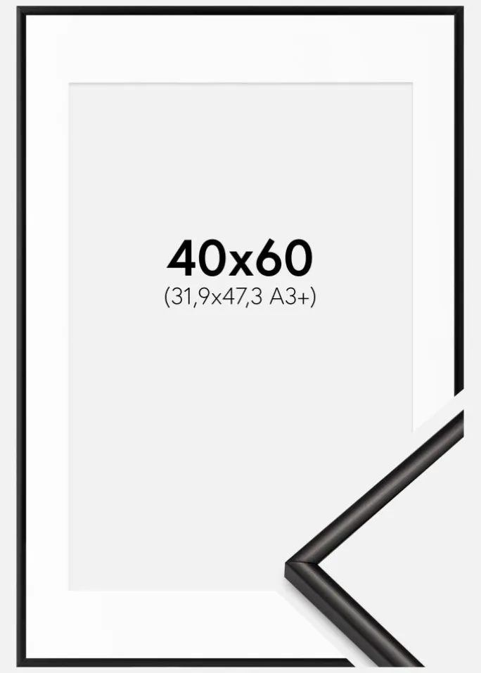 Ramme Scandi Matt Sort 40x60 cm - Passepartout Hvid 32,9x48,3 cm (A3+)
