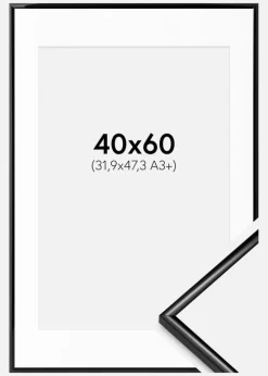 Ramme Scandi Sort 40x60 cm - Passepartout Hvid 32,9x48,3 cm (A3+)