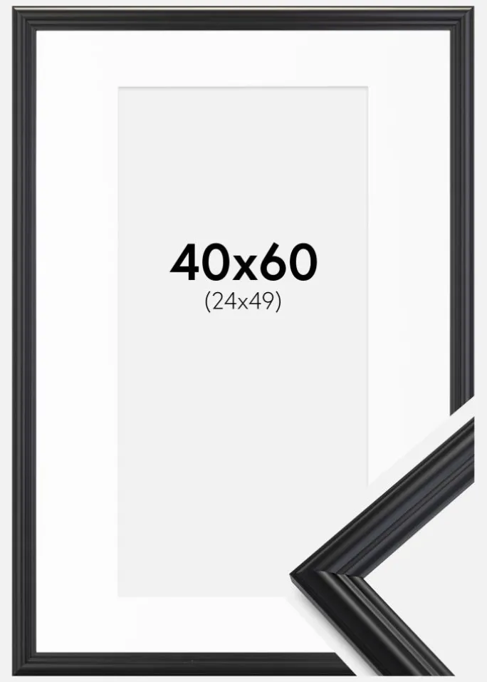 Ramme Siljan Sort 40x60 cm - Passepartout Hvid 25x50 cm