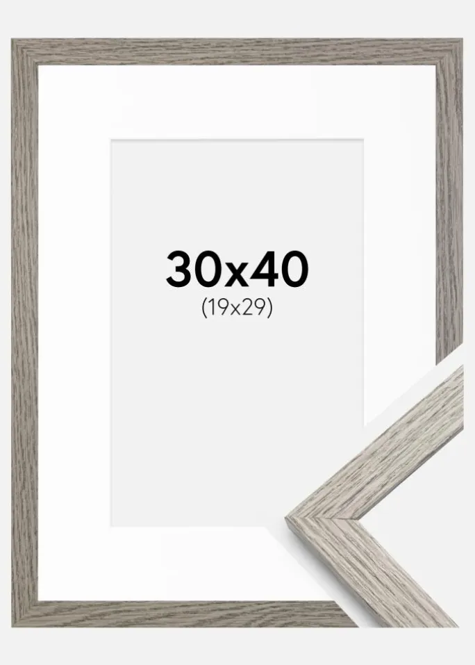 Ramme Stilren grå Eg 30x40 cm - Passepartout Hvid 20x30 cm