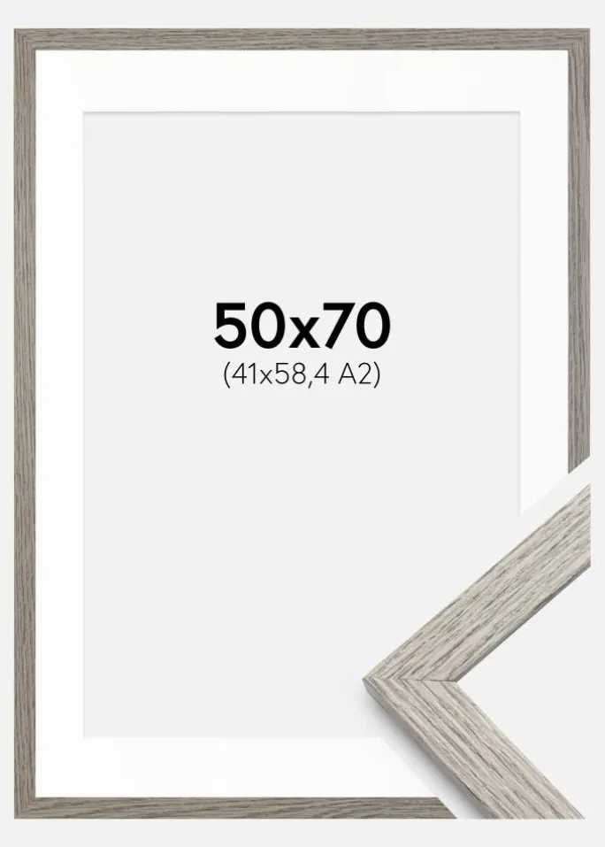 Ramme Stilren grå Eg 50x70 cm - Passepartout Hvid 42x59,4 cm