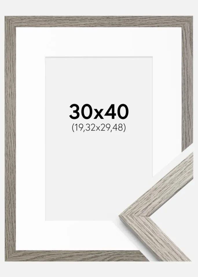 Ramme Stilren grå Eg 30x40 cm - Passepartout Hvid 8x12 inches