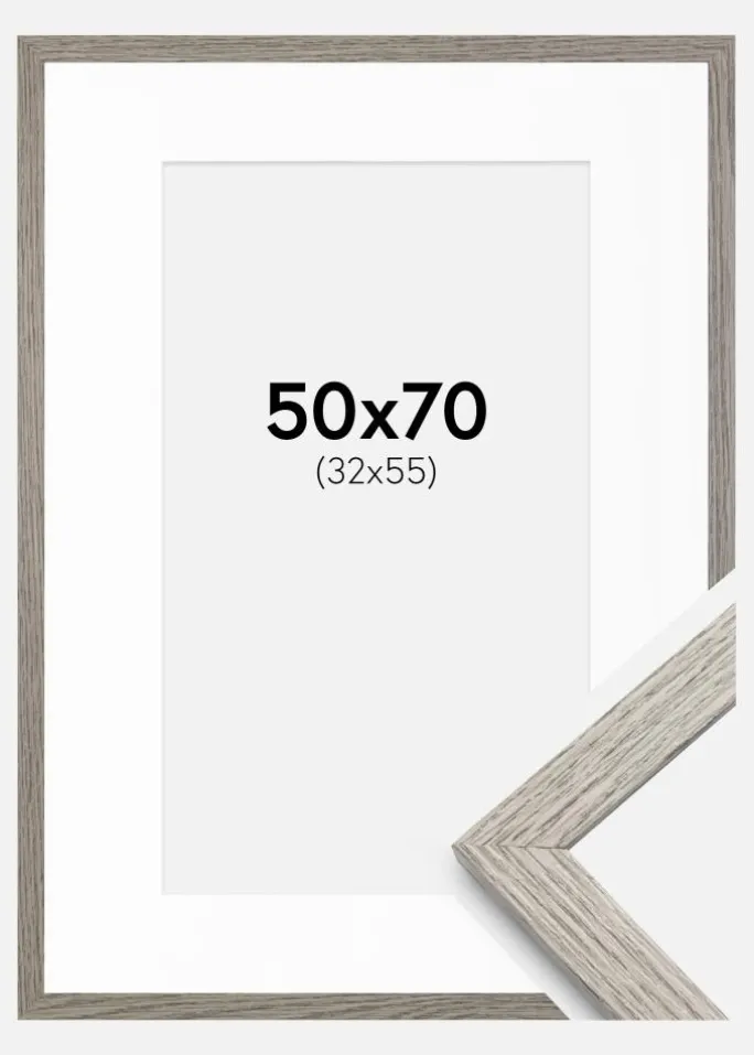 Ramme Stilren grå Eg 50x70 cm - Passepartout Hvid 33x56 cm