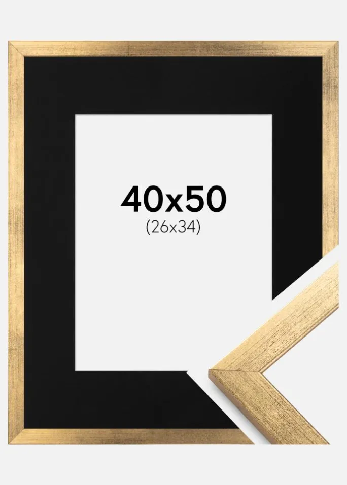 Ramme Stilren Guld 40x50 cm - Passepartout Sort 27x35 cm