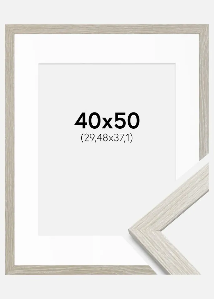 Ramme Stilren lysegrå Eg 40x50 cm - Passepartout Hvid 12x15 inches