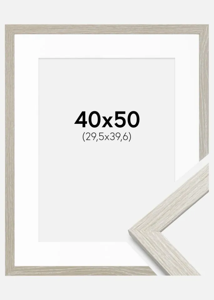 Ramme Stilren lysegrå Eg 40x50 cm - Passepartout Hvid 12x16 inches