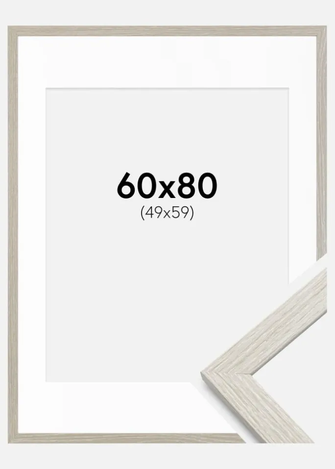 Ramme Stilren lysegrå Eg 60x80 cm - Passepartout Hvid 50x60 cm