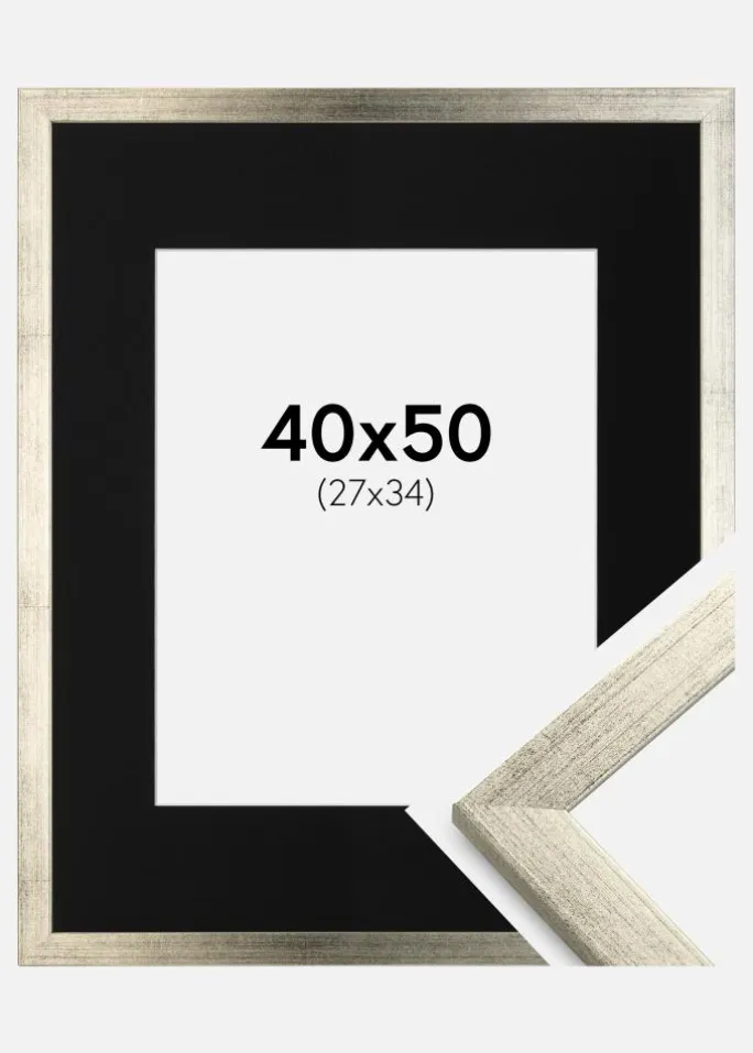 Ramme Stilren Sølv 40x50 cm - Passepartout Sort 28x35 cm