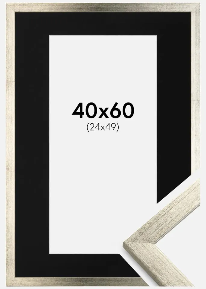 Ramme Stilren Sølv 40x60 cm - Passepartout Sort 25x50 cm