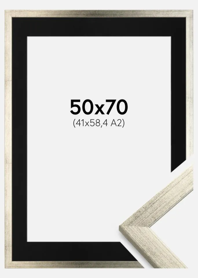 Ramme Stilren Sølv 50x70 cm - Passepartout Sort 42x59,4 cm (A2)