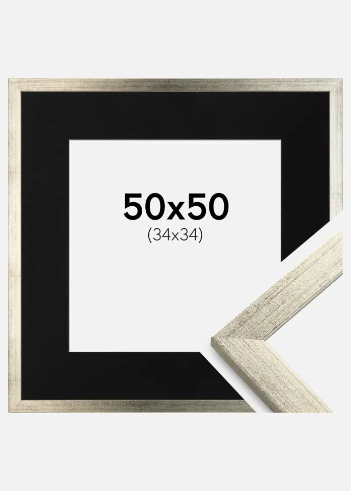 Ramme Stilren Sølv 50x50 cm - Passepartout Sort 35x35 cm