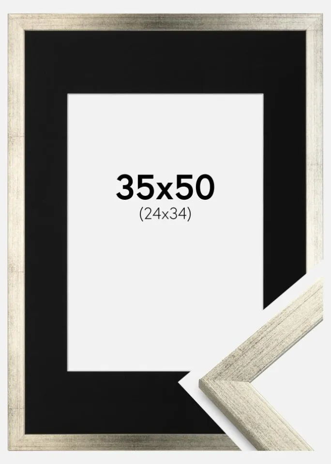 Ramme Stilren Sølv 35x50 cm - Passepartout Sort 25x35 cm