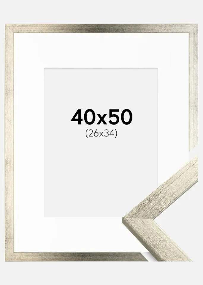 Ramme Stilren Sølv 40x50 cm - Passepartout Hvid 27x35 cm