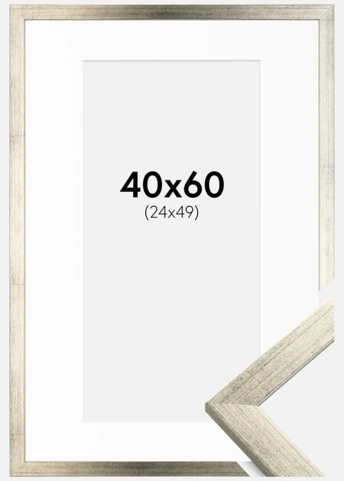 Ramme Stilren Sølv 40x60 cm - Passepartout Hvid 25x50 cm