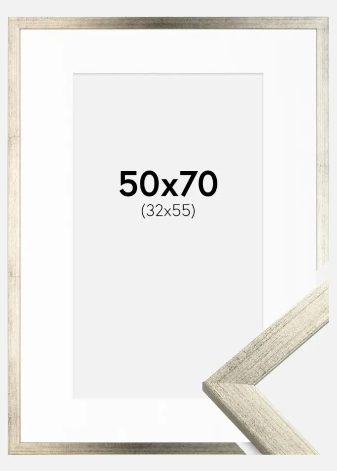 Ramme Stilren Sølv 50x70 cm - Passepartout Hvid 33x56 cm